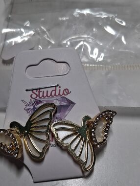 Gold Butterfly Earrings with White Enamel & Clear Rhinestones